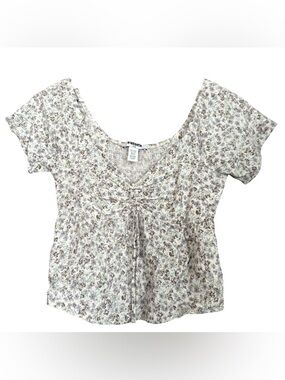 RSQ Cream Floral Smocked Scoop-Neck Babydoll Blouse with Brown & Green Accents